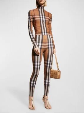 New! BURBERRY BROWN MADDEN CHECK HIGH WAISTED LEGGINGS SIZE XS